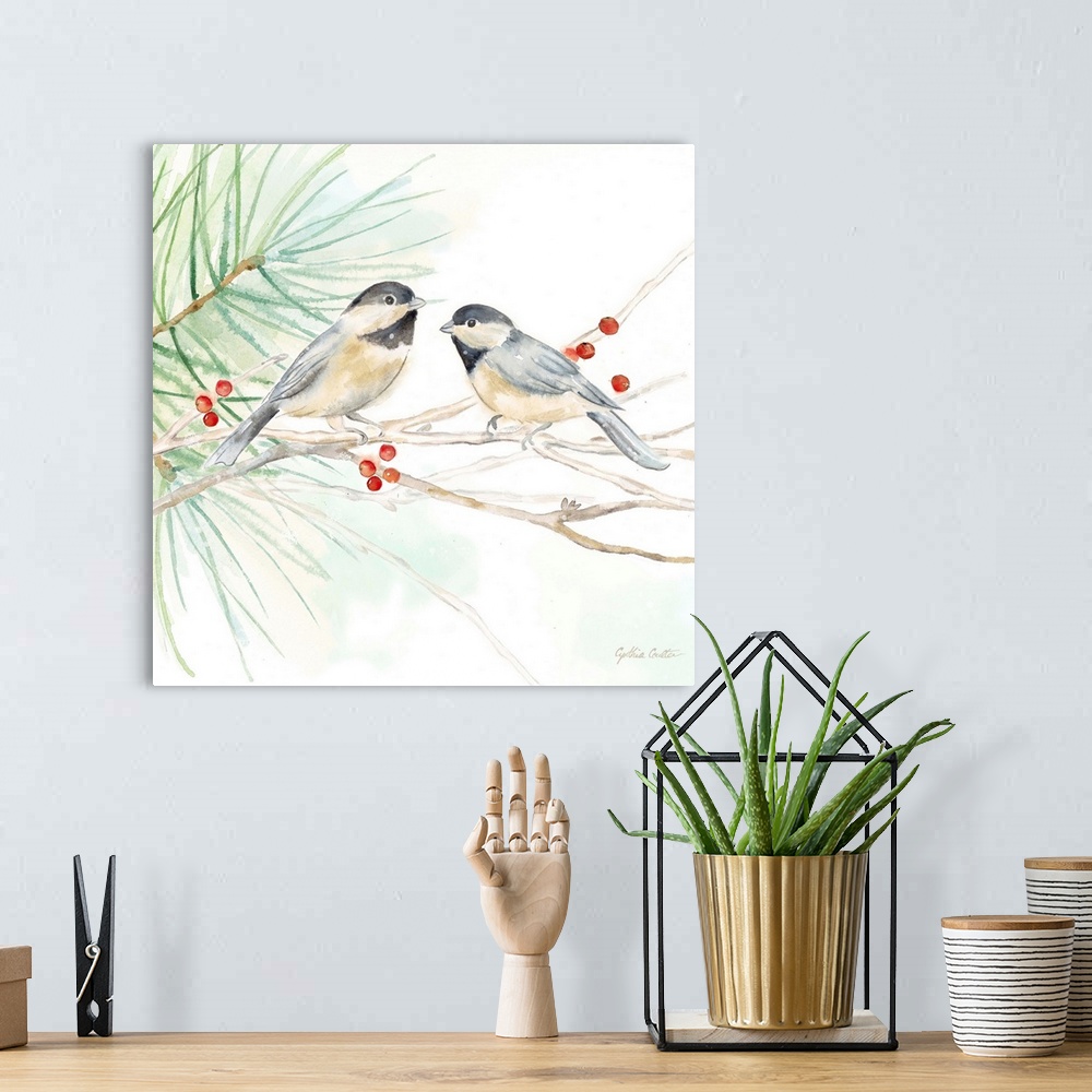 A bohemian room featuring Square artistic painting of a pair of birds perched on a tree branch.