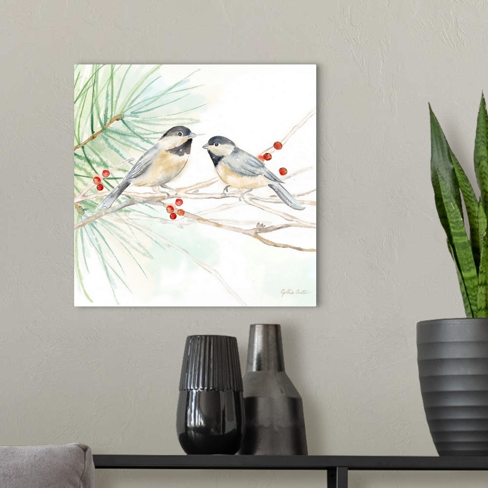A modern room featuring Square artistic painting of a pair of birds perched on a tree branch.