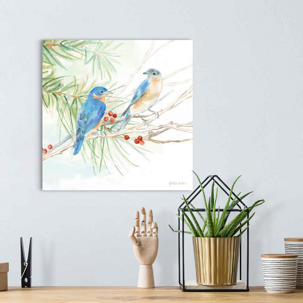 A bohemian room featuring Square artistic painting of a pair of birds perched on a tree branch.