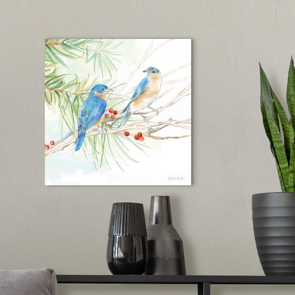A modern room featuring Square artistic painting of a pair of birds perched on a tree branch.