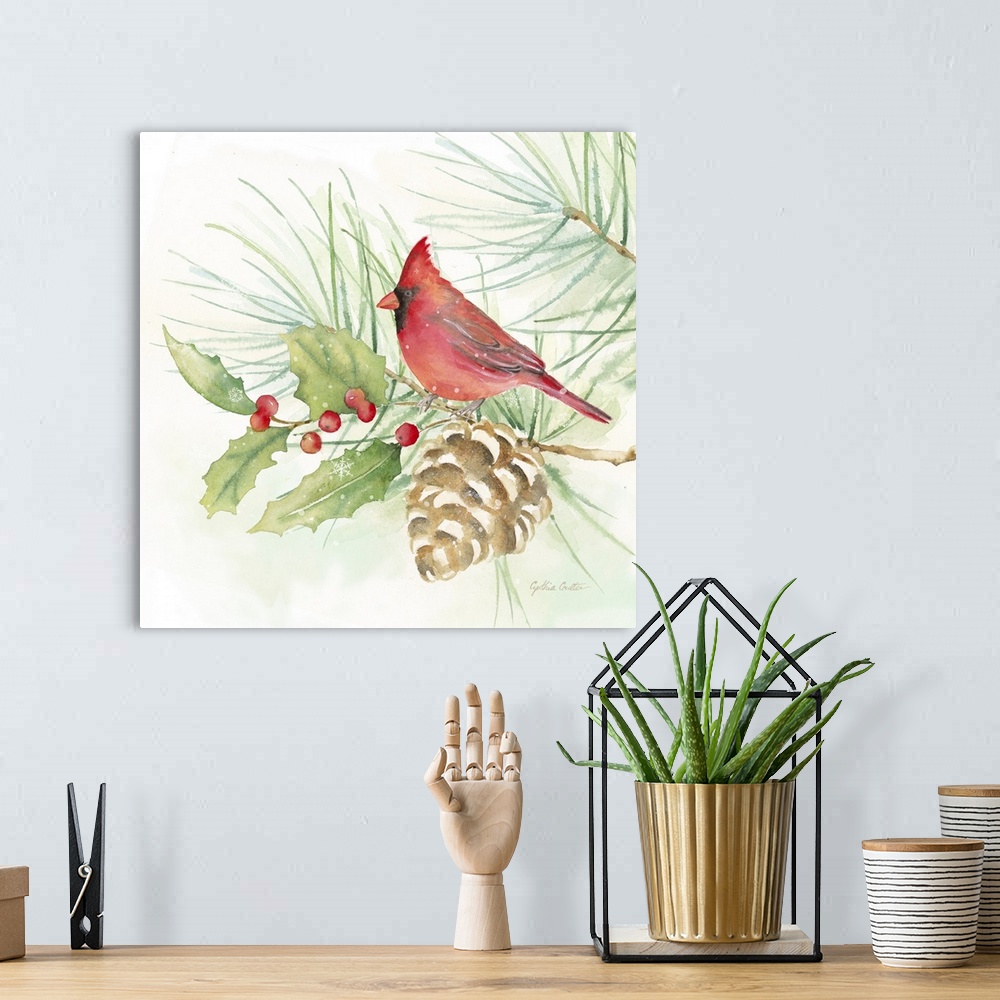 A bohemian room featuring Square artistic painting of a bird perched on a tree branch with small snow flakes falling.