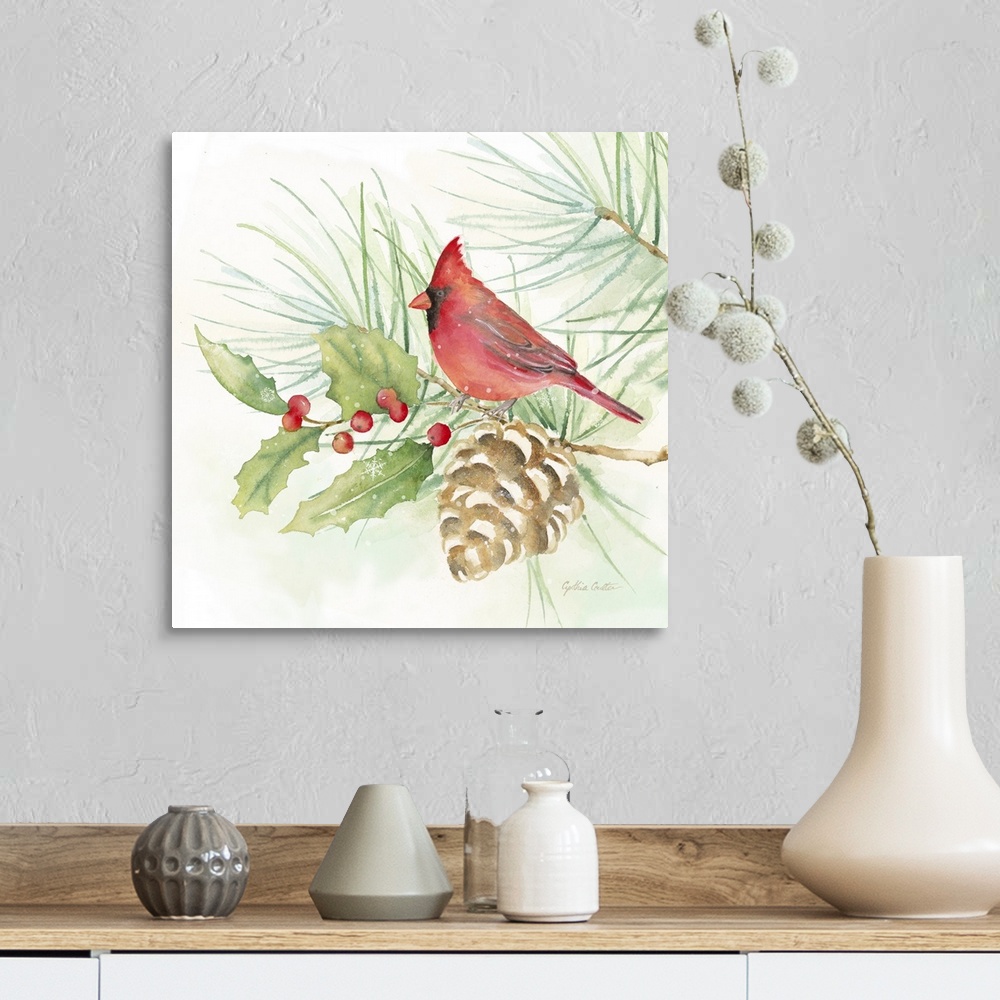 A farmhouse room featuring Square artistic painting of a bird perched on a tree branch with small snow flakes falling.