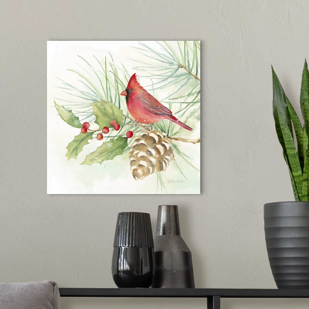 A modern room featuring Square artistic painting of a bird perched on a tree branch with small snow flakes falling.