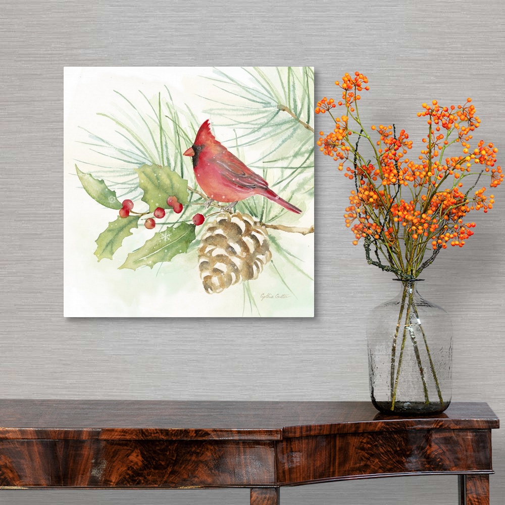 A traditional room featuring Square artistic painting of a bird perched on a tree branch with small snow flakes falling.