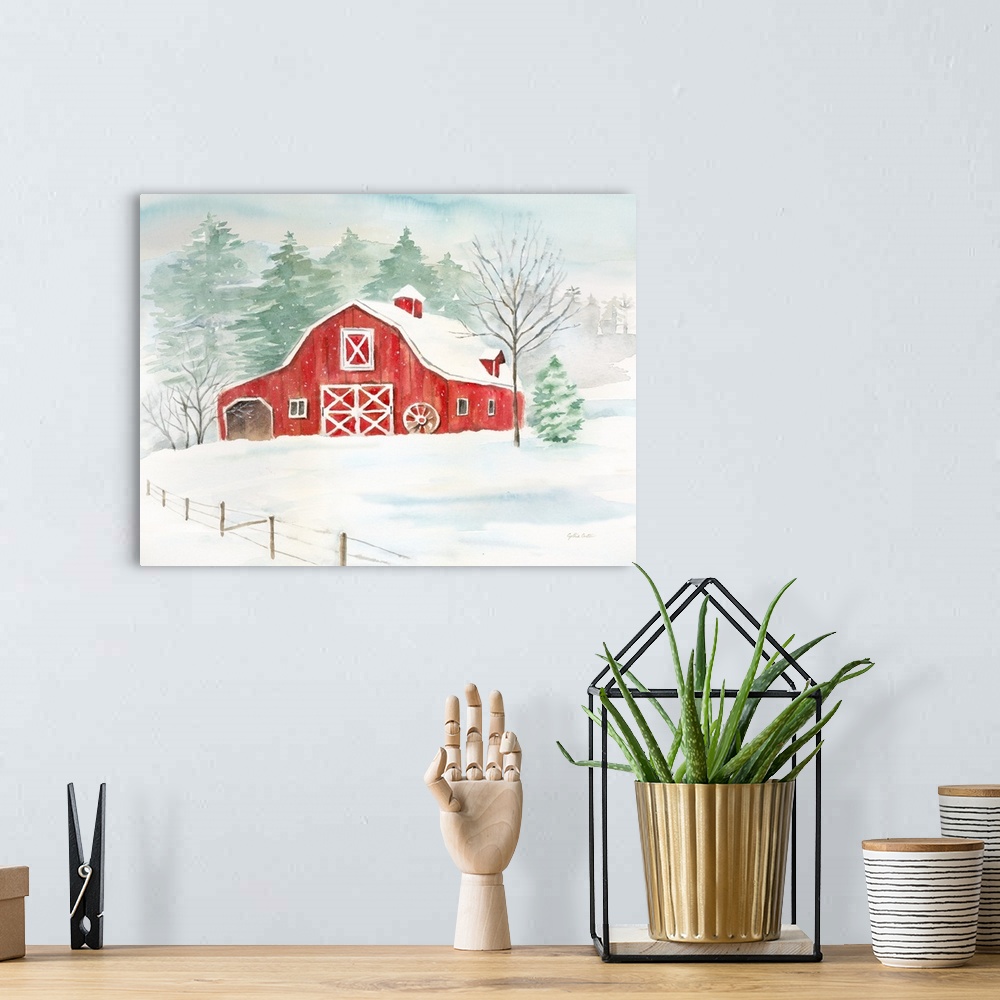 A bohemian room featuring A horizontal watercolor painting of a red barn and field covered in snow.