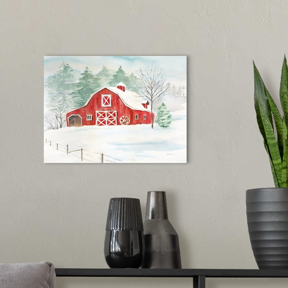 A modern room featuring A horizontal watercolor painting of a red barn and field covered in snow.
