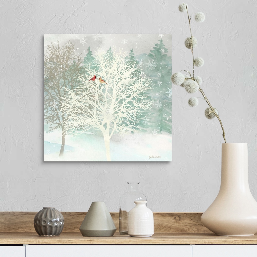 A farmhouse room featuring A group of bare trees with red birds as snowflakes fall.