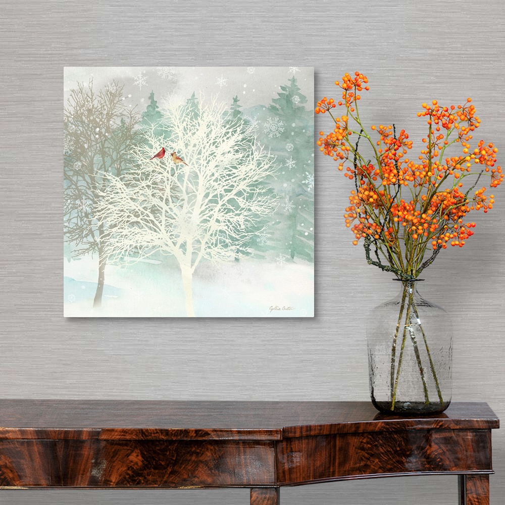 A traditional room featuring A group of bare trees with red birds as snowflakes fall.