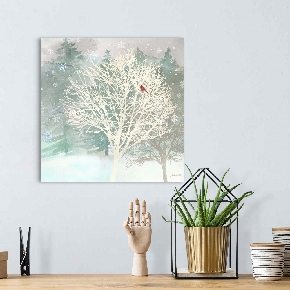 A bohemian room featuring A group of bare trees with a red bird as snowflakes fall.