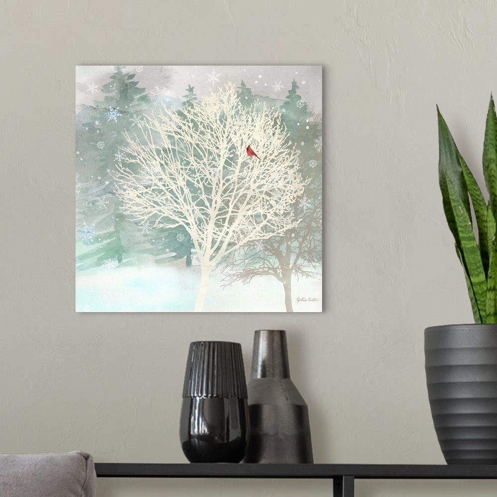 A modern room featuring A group of bare trees with a red bird as snowflakes fall.