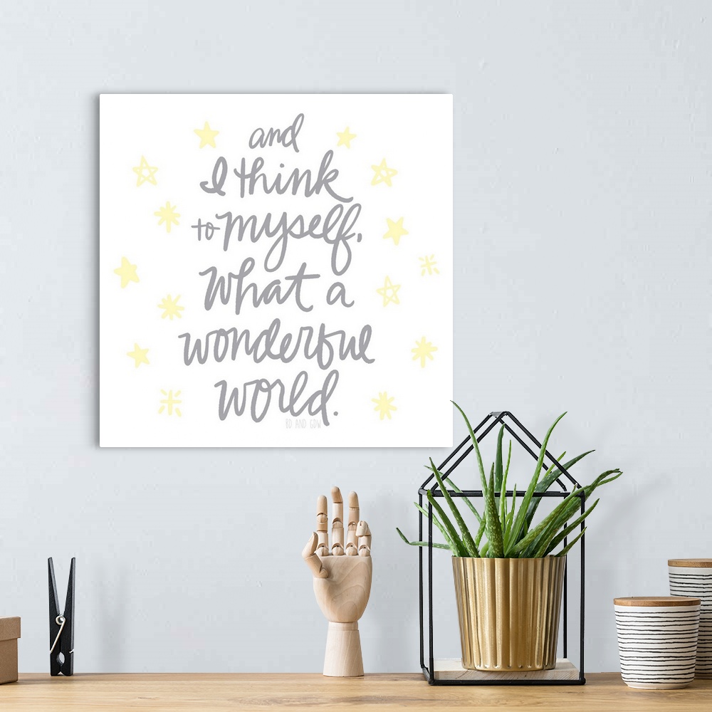 A bohemian room featuring "and I think to myself, what a wonderful world." with yellow stars on a white background.