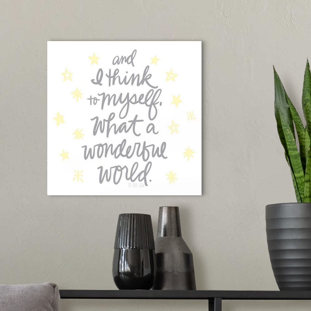 A modern room featuring "and I think to myself, what a wonderful world." with yellow stars on a white background.