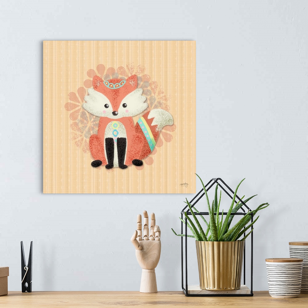 A bohemian room featuring A darling illustration of a fox wearing decorative markings on it's head and tail with a floral p...