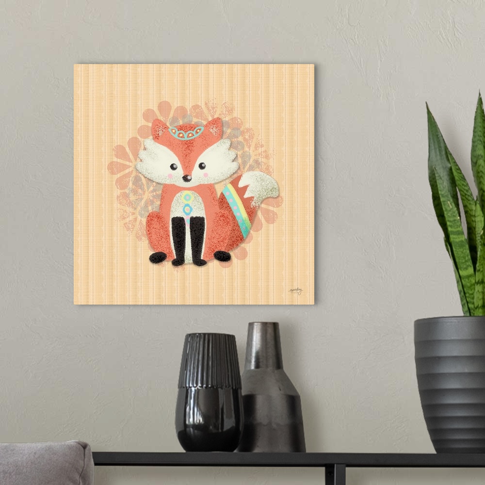 A modern room featuring A darling illustration of a fox wearing decorative markings on it's head and tail with a floral p...