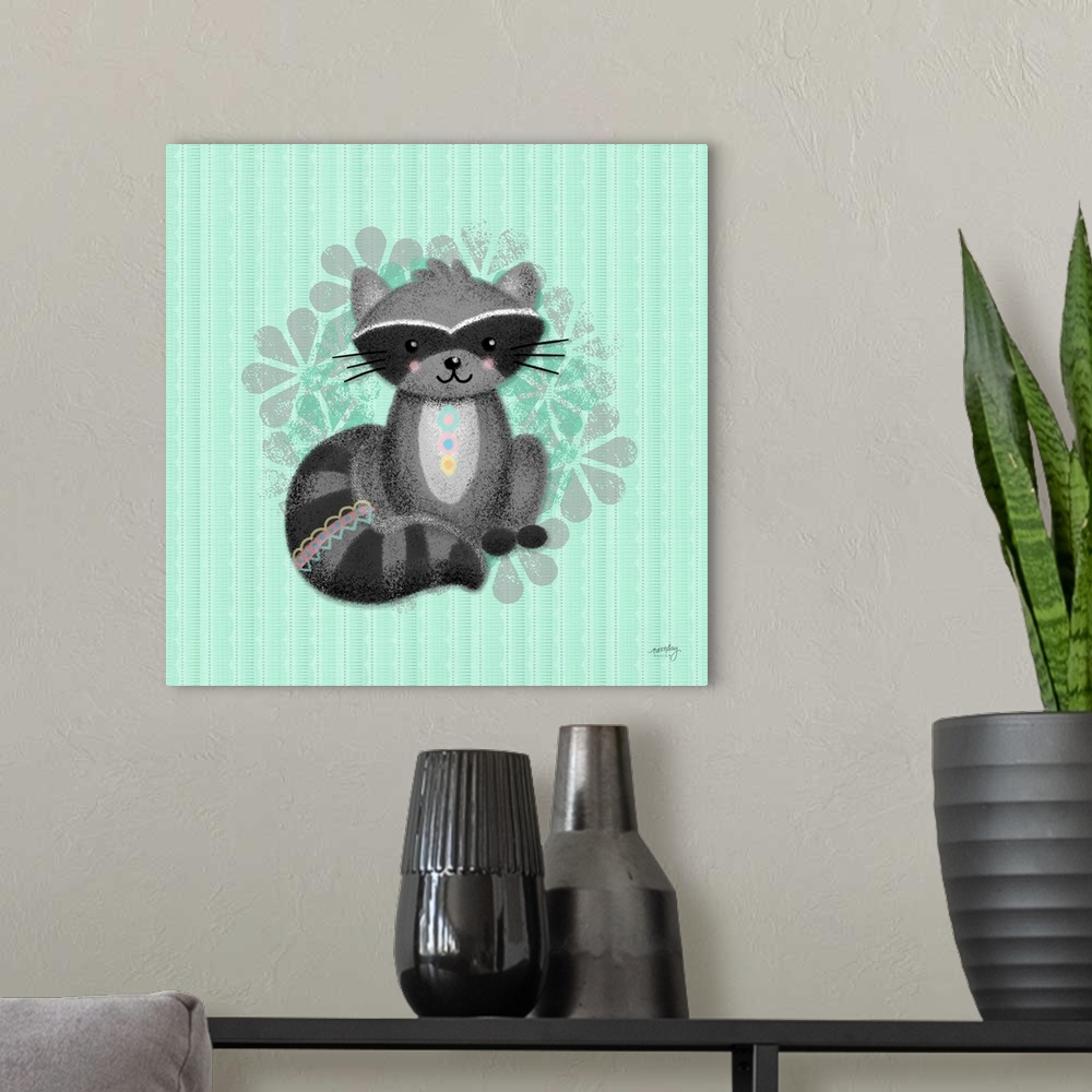 A modern room featuring A darling illustration of a raccoon wearing decorative markings on it's chest and tail with a flo...
