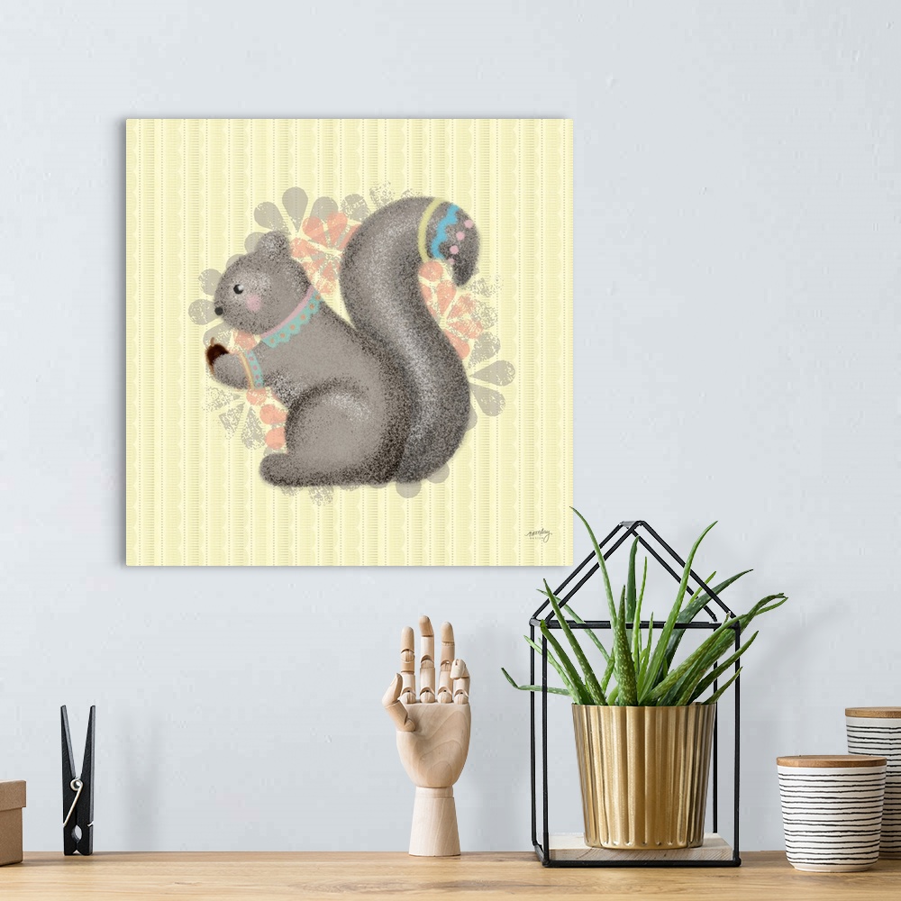 A bohemian room featuring A darling illustration of a squirrel wearing decorative markings on it's neck and tail with a flo...