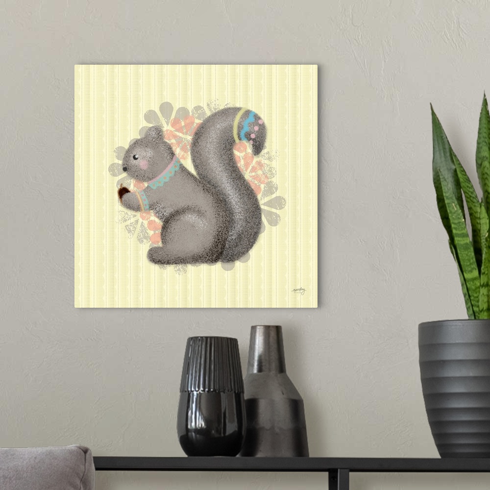 A modern room featuring A darling illustration of a squirrel wearing decorative markings on it's neck and tail with a flo...