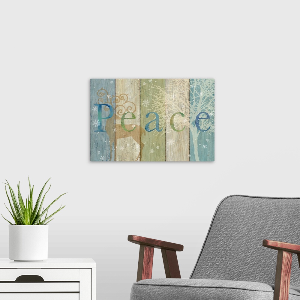 A modern room featuring "Peace" on a blue, green and tan wood panel background with a reindeer, tree and snowflakes.