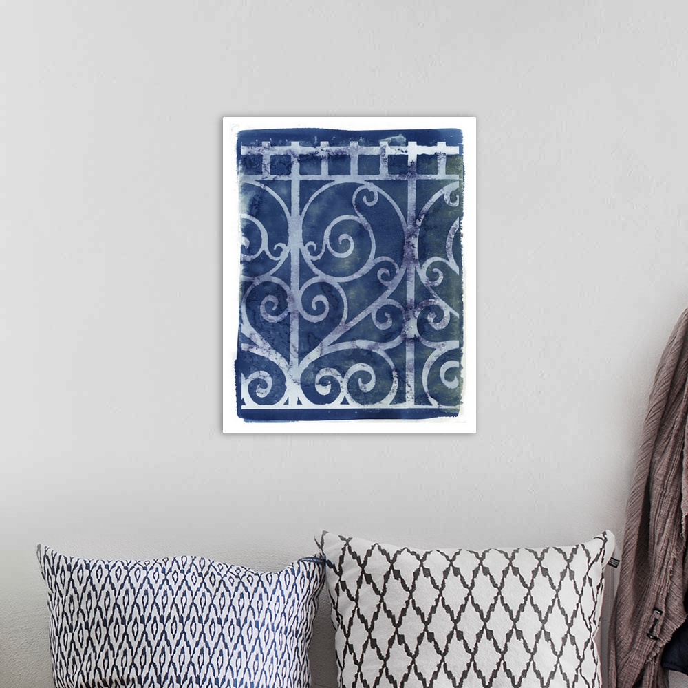 A bohemian room featuring Creative artwork in the style of a cyanotype of an iron gate with a rough white border.