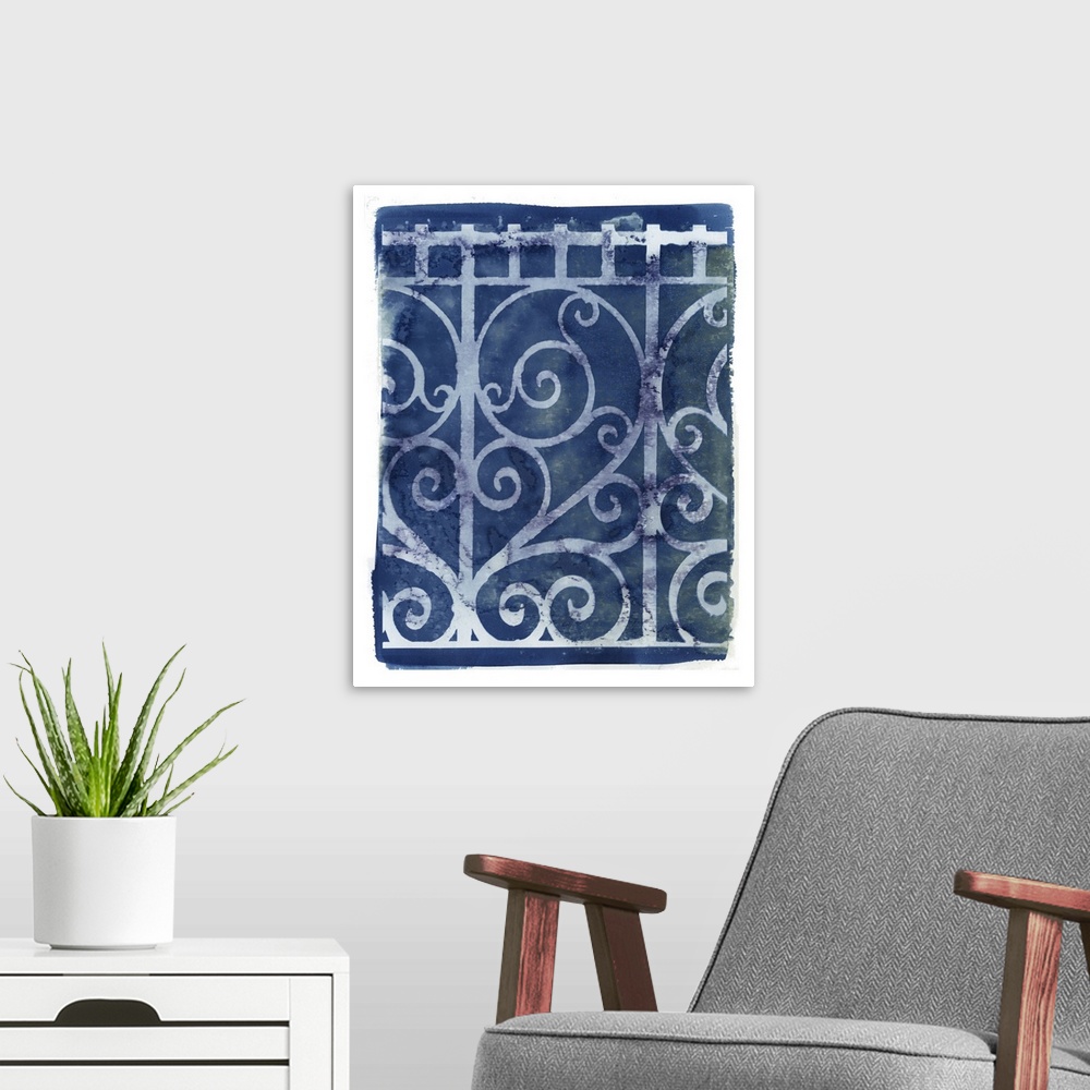 A modern room featuring Creative artwork in the style of a cyanotype of an iron gate with a rough white border.