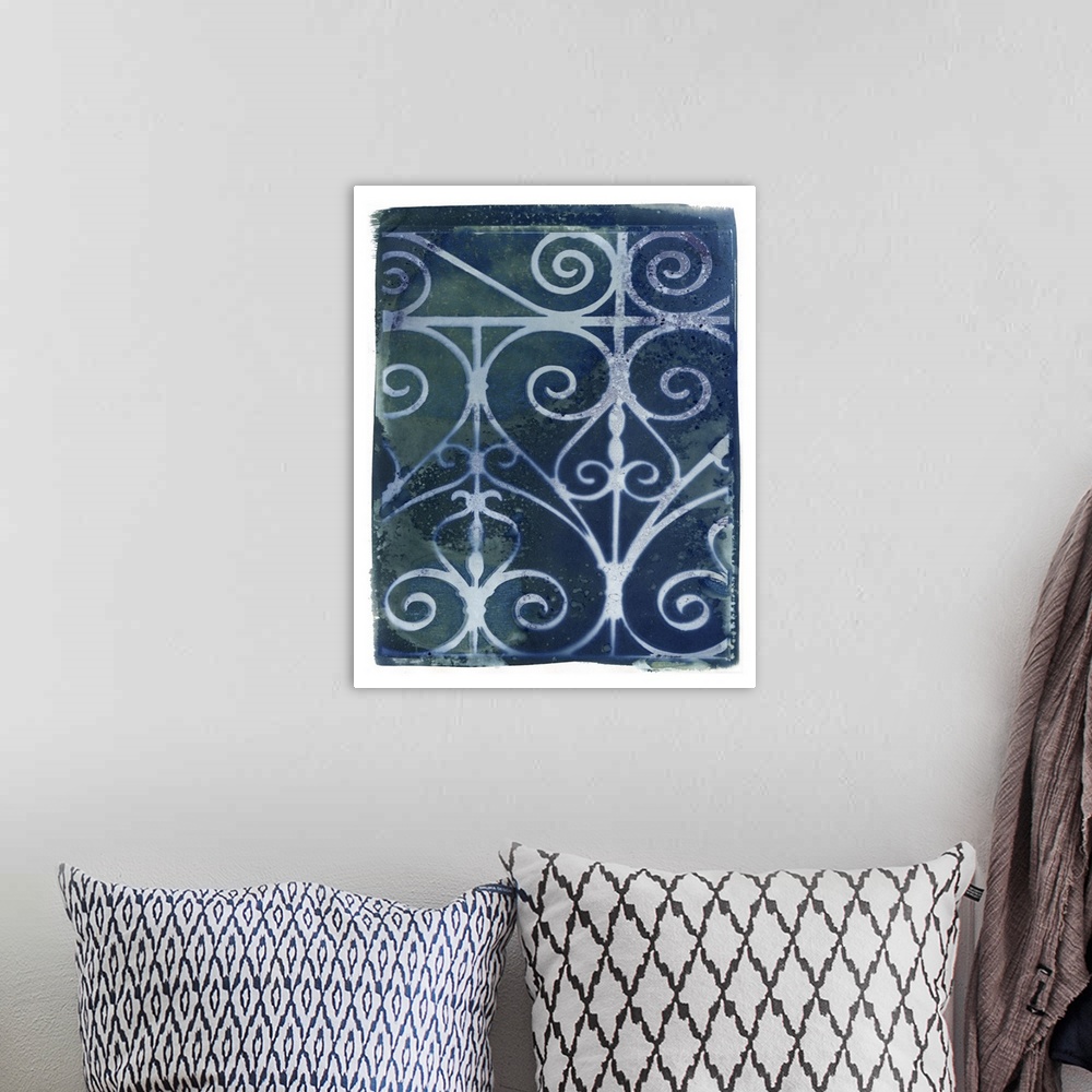 A bohemian room featuring Creative artwork in the style of a cyanotype of an iron gate with a rough white border.