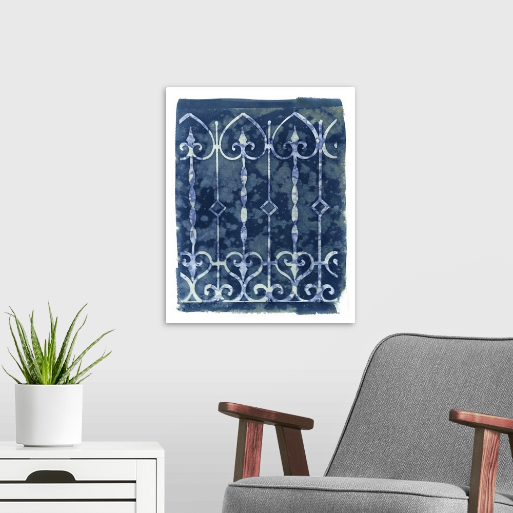 A modern room featuring Creative artwork in the style of a cyanotype of an iron gate with a rough white border.