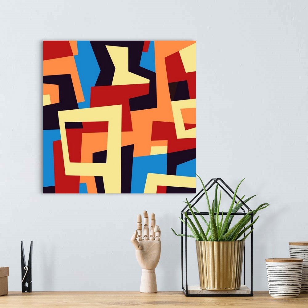 A bohemian room featuring Modern geometric abstract design in red, blue and yellow.