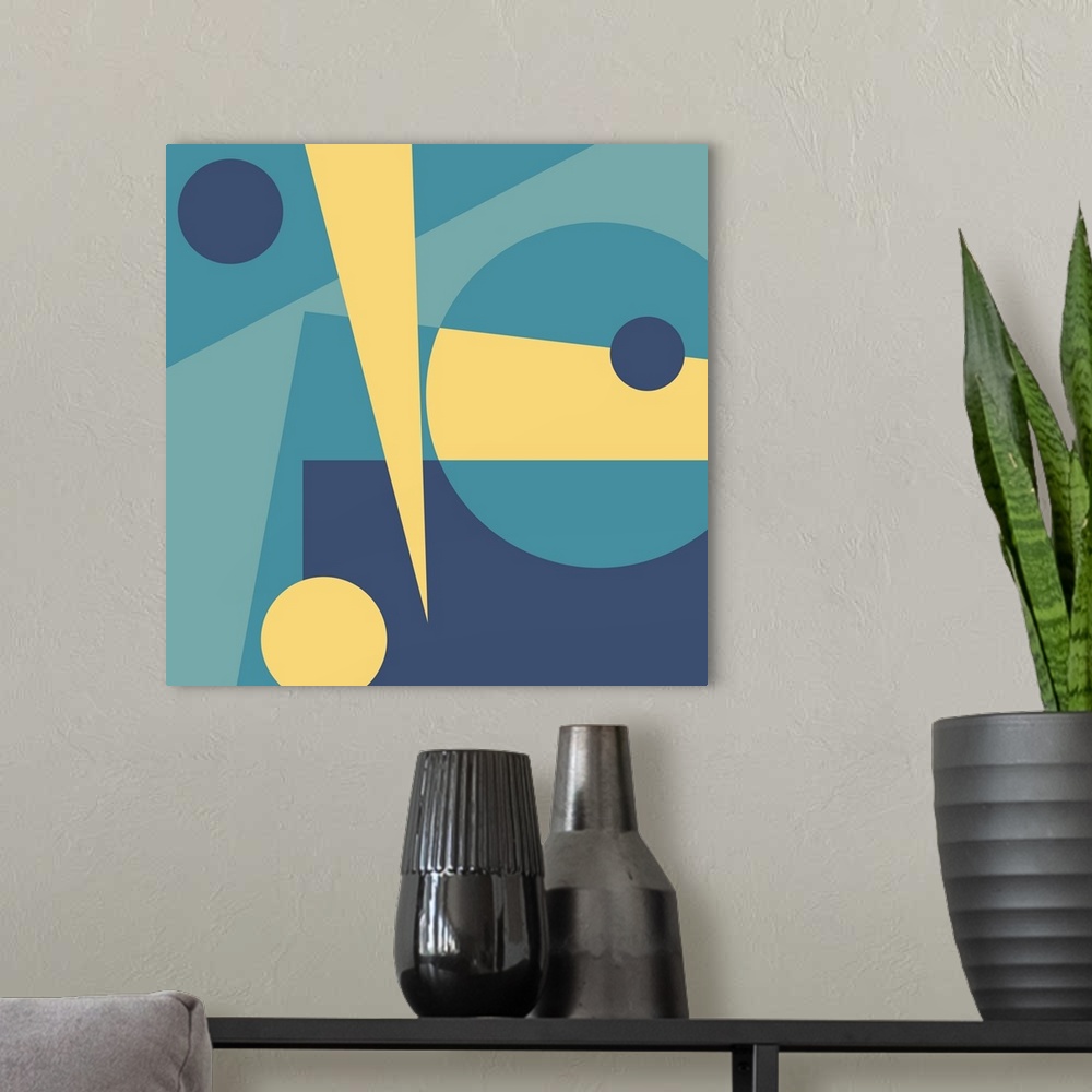 A modern room featuring Modern geometric abstract design in blue and yellow.