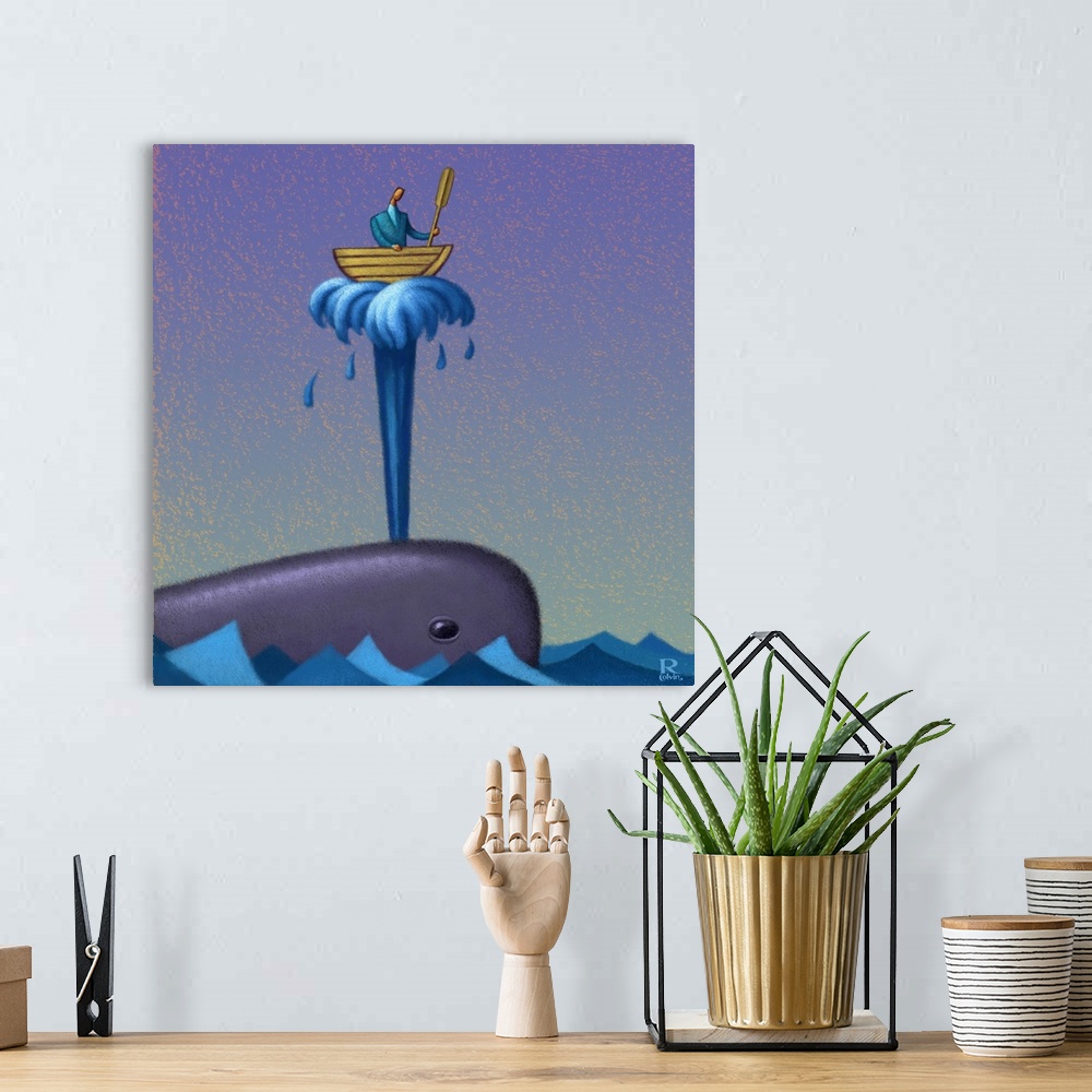 A bohemian room featuring Digital painting of a whale spouting water with a man in a rowboat on top.