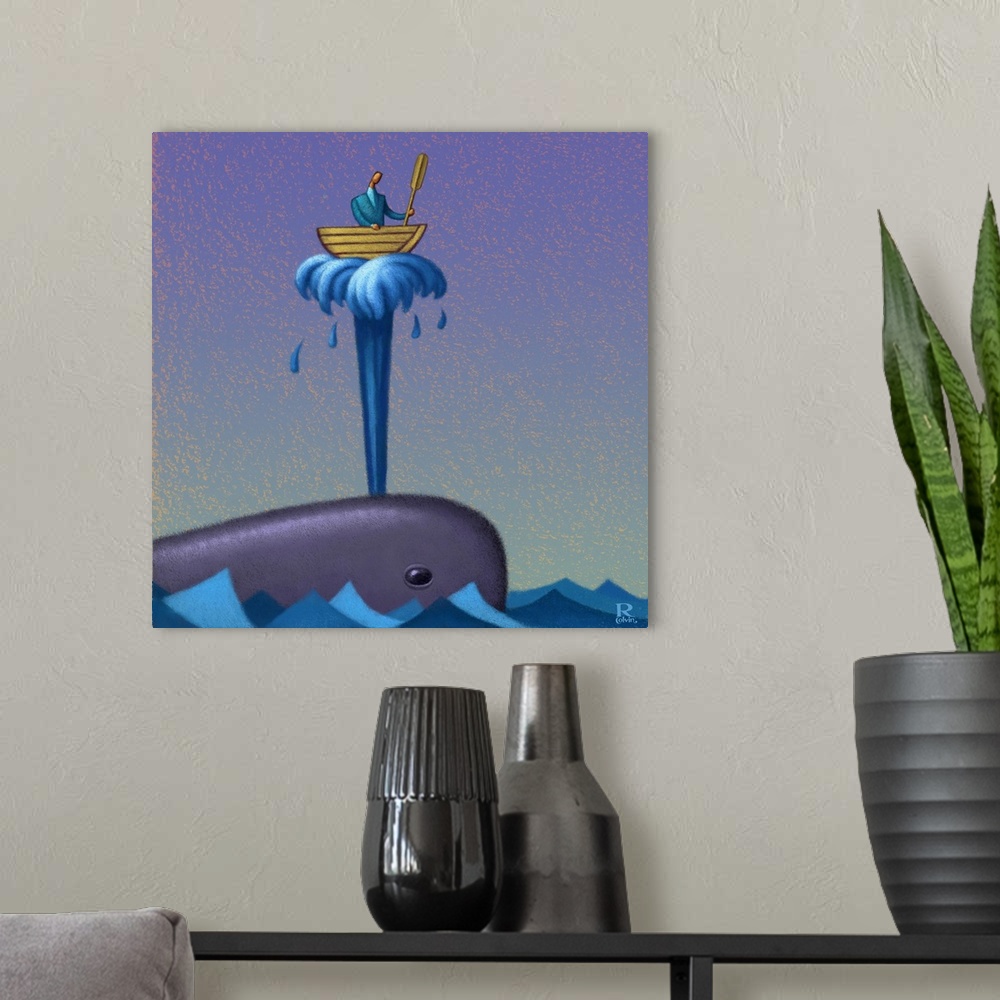 A modern room featuring Digital painting of a whale spouting water with a man in a rowboat on top.
