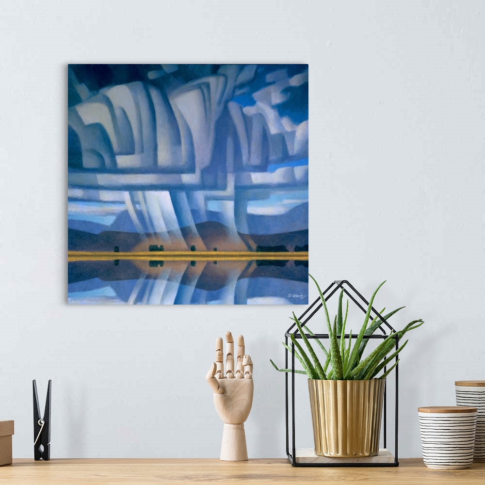 A bohemian room featuring Landscape painting of storm clouds over hills and lake in cool tones.
