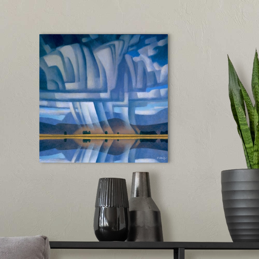 A modern room featuring Landscape painting of storm clouds over hills and lake in cool tones.