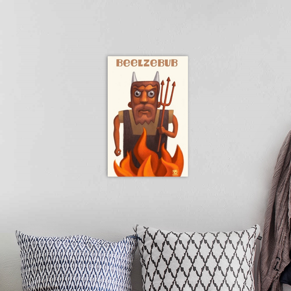 A bohemian room featuring Painting of the devil with fire and a pitch fork. 'Beelzebub' written at the top.