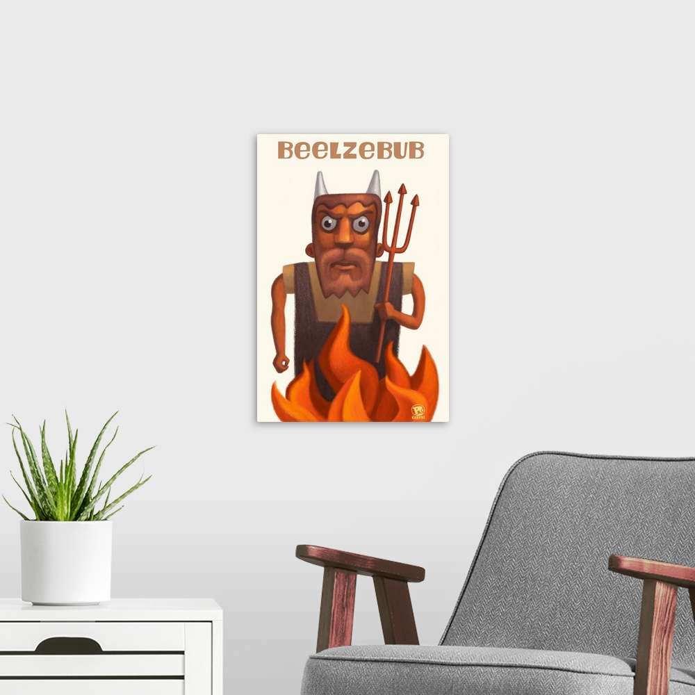 A modern room featuring Painting of the devil with fire and a pitch fork. 'Beelzebub' written at the top.