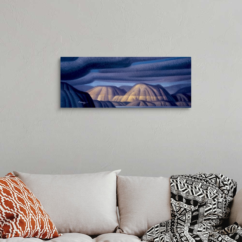 A bohemian room featuring Modernist landscape oil painting of a mountain range with a breaking storm.