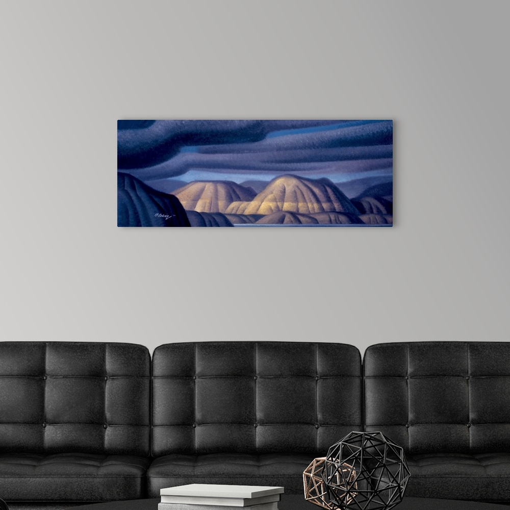 A modern room featuring Modernist landscape oil painting of a mountain range with a breaking storm.