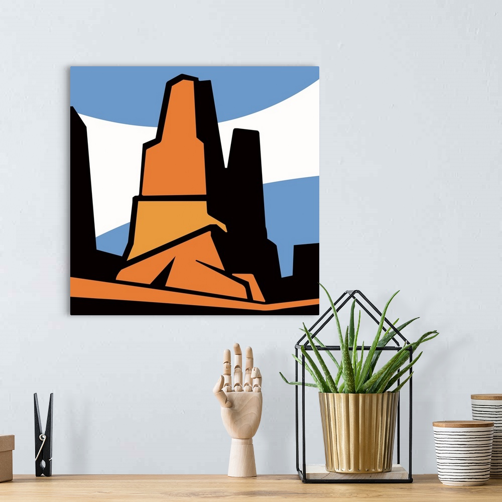 A bohemian room featuring Modernist depiction of a red rock formation based upon a scene located in the four corners area o...