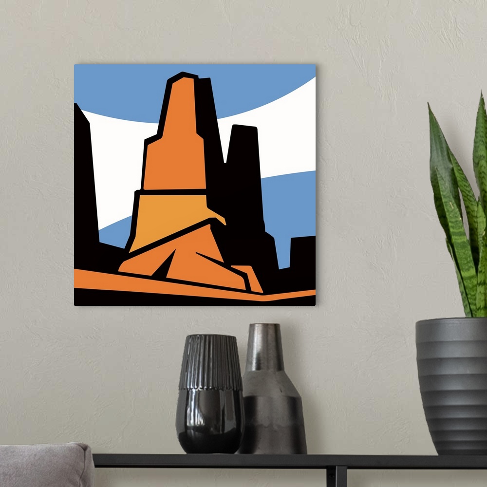 A modern room featuring Modernist depiction of a red rock formation based upon a scene located in the four corners area o...