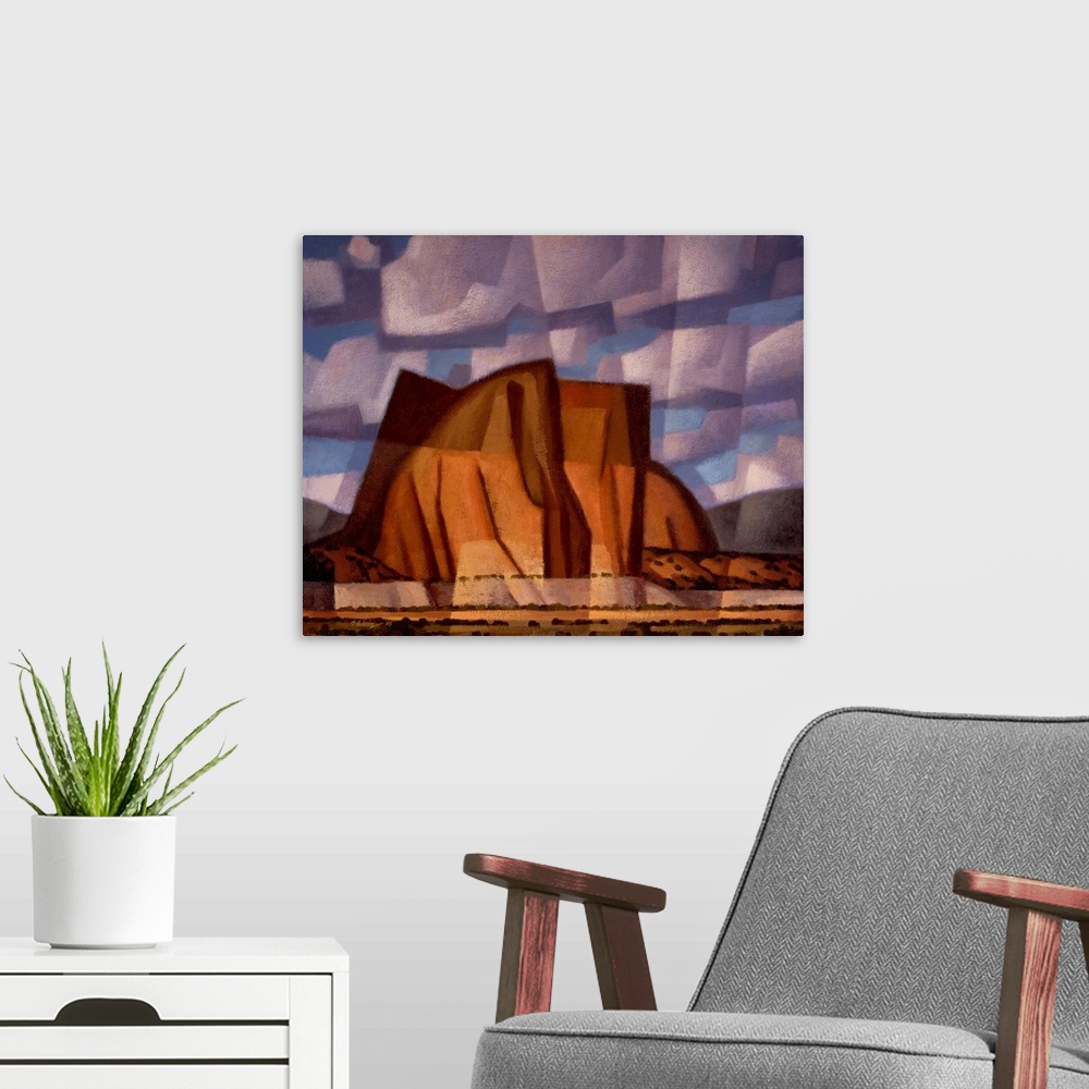 A modern room featuring Contemporary painting of Citadel Butte, an American Southwest desert scene in a cubist style with...