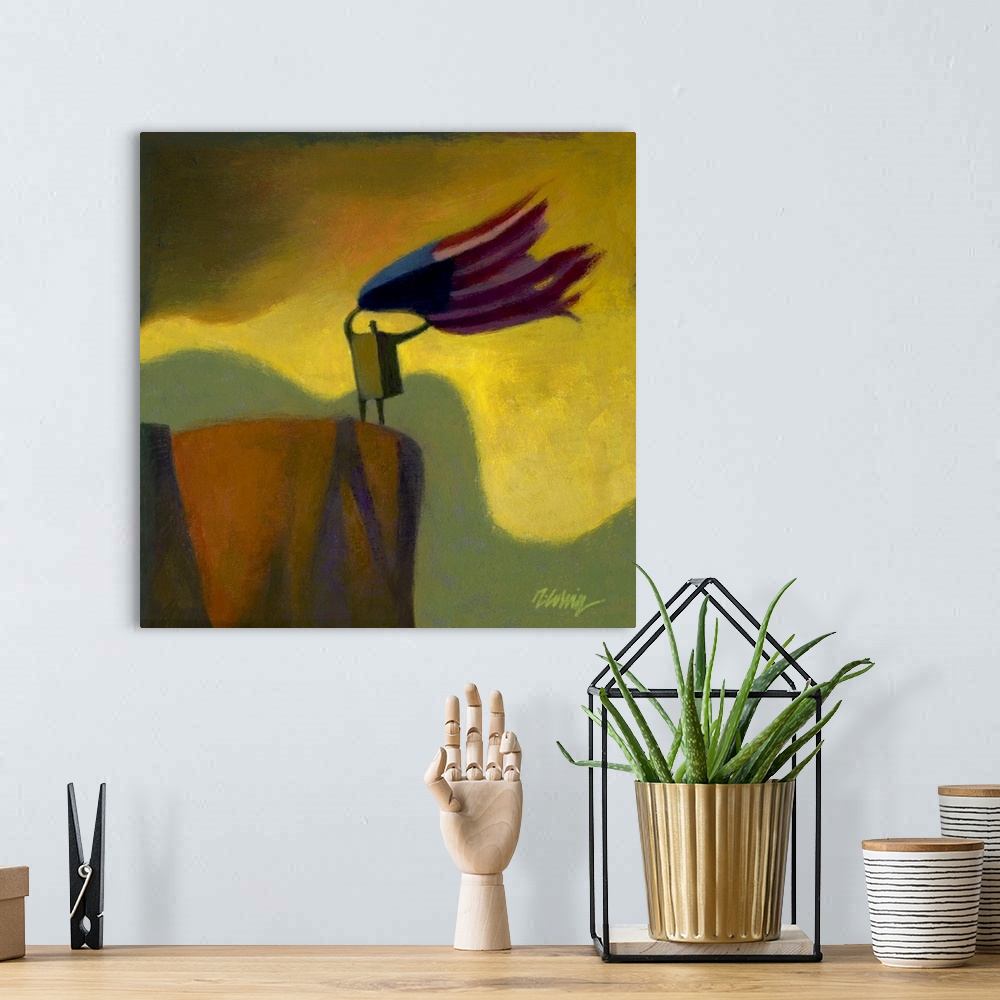 A bohemian room featuring Acrylic painting of a man on the edge of a cliff waving a torn American flag.