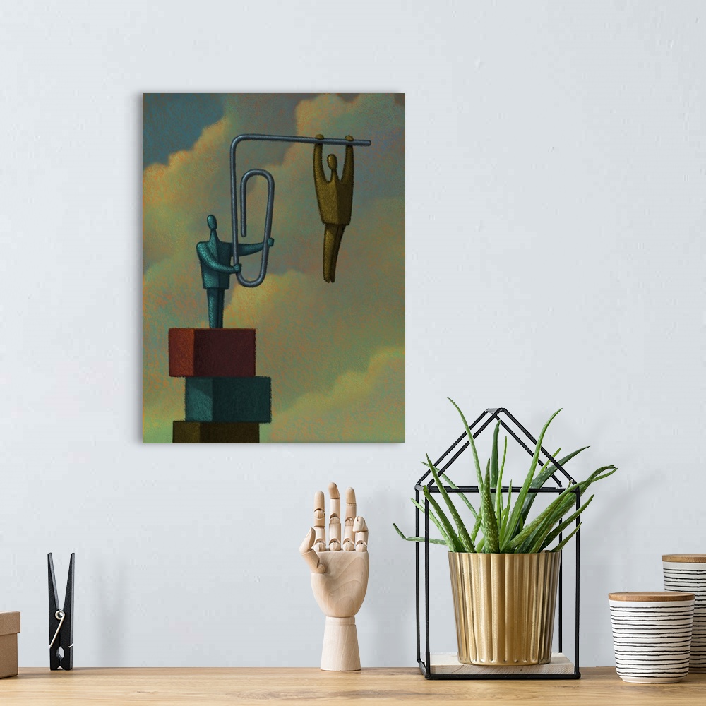 A bohemian room featuring Conceptual painting of a figure strung out on the end of a bent paper clip.