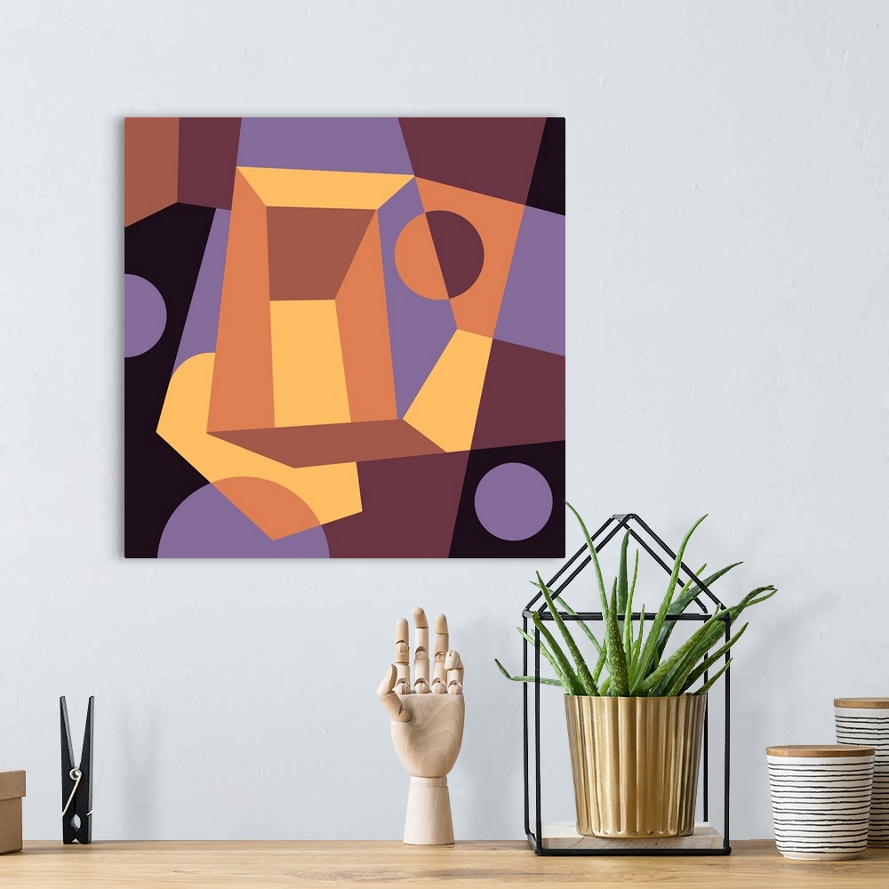 A bohemian room featuring Geometric abstract design in orange, yellow, violet, and brown.