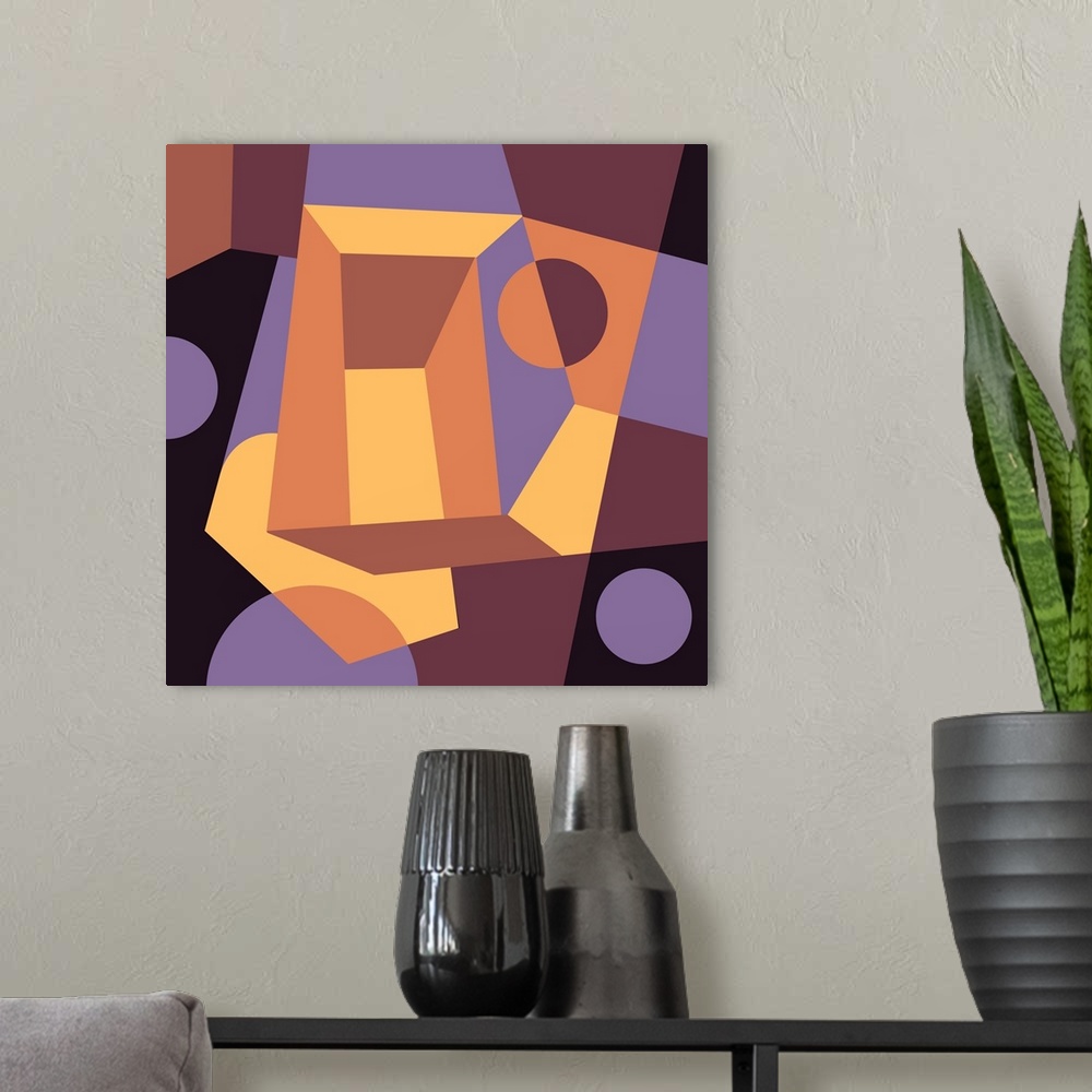 A modern room featuring Geometric abstract design in orange, yellow, violet, and brown.