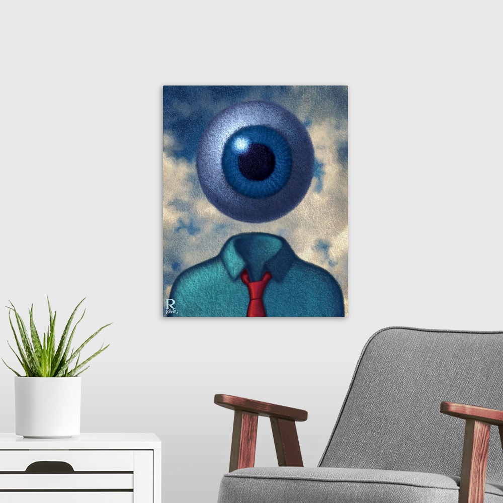 A modern room featuring You're being watched. This is an obvious play on the great surrealist, Rene Magritte.