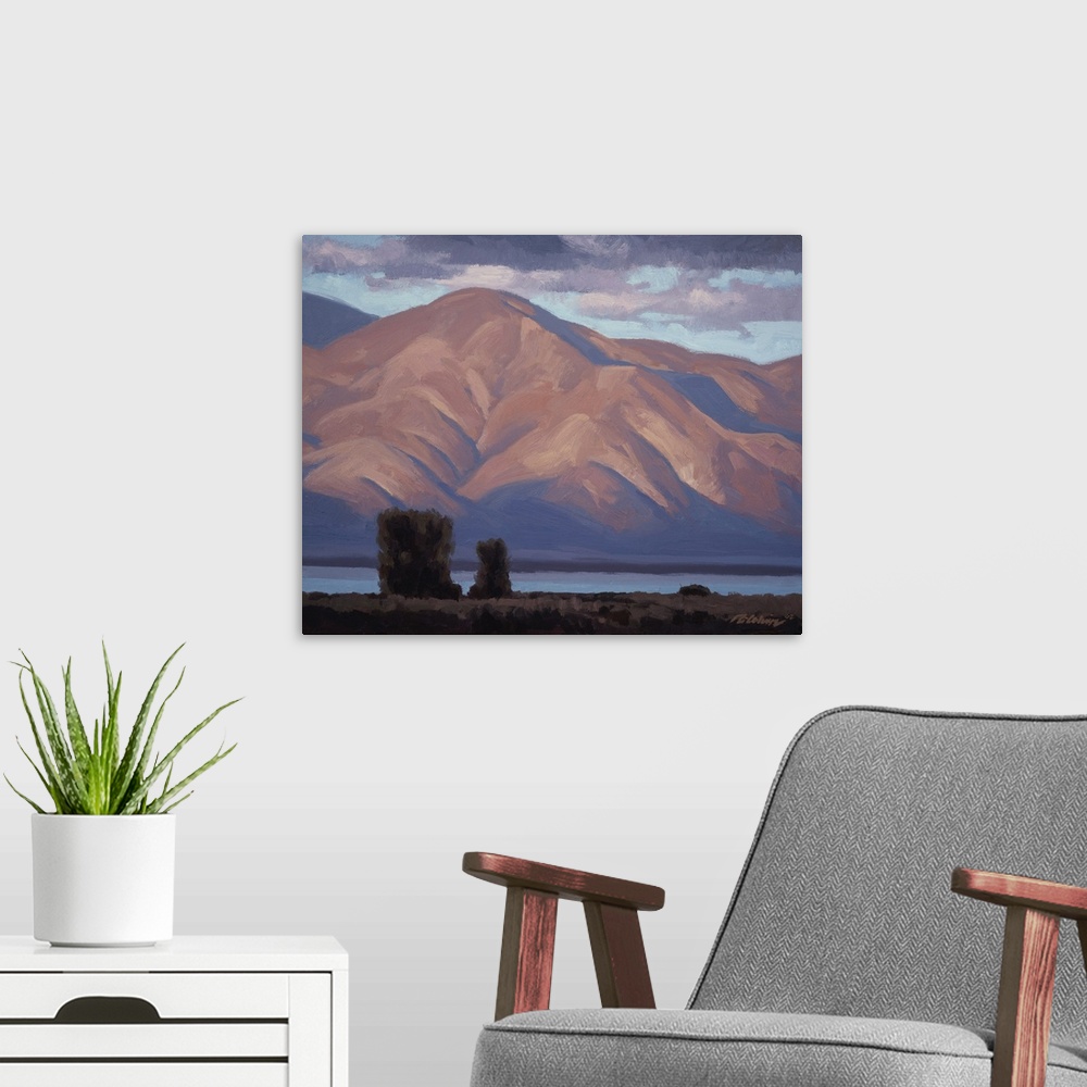 A modern room featuring Landscape painting of the Great Salt lake as seen from Farmington bay, Utah.