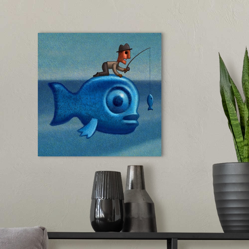 A modern room featuring Digital painting of a man on a giant fish with big plans. Be careful what you wish for.
