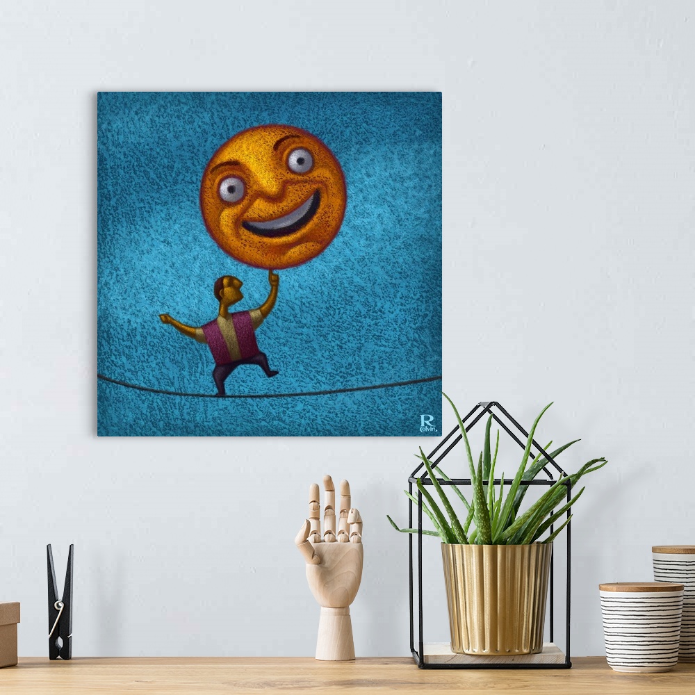 A bohemian room featuring Digital illustration of a man balancing a happy face sun.