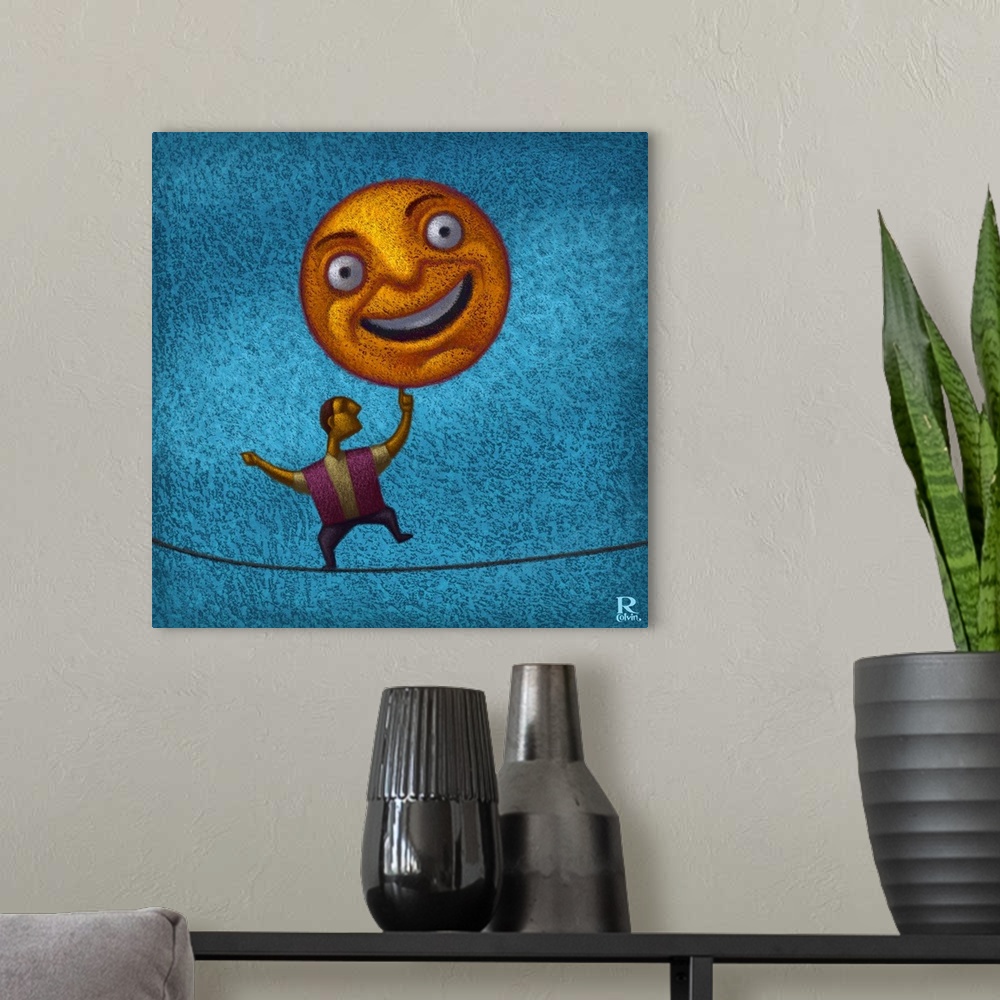 A modern room featuring Digital illustration of a man balancing a happy face sun.