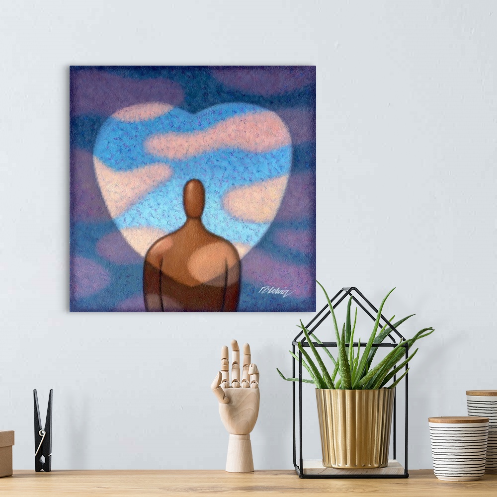 A bohemian room featuring Contemporary painting of a human figure surrounded by a heart shaped blue sky.