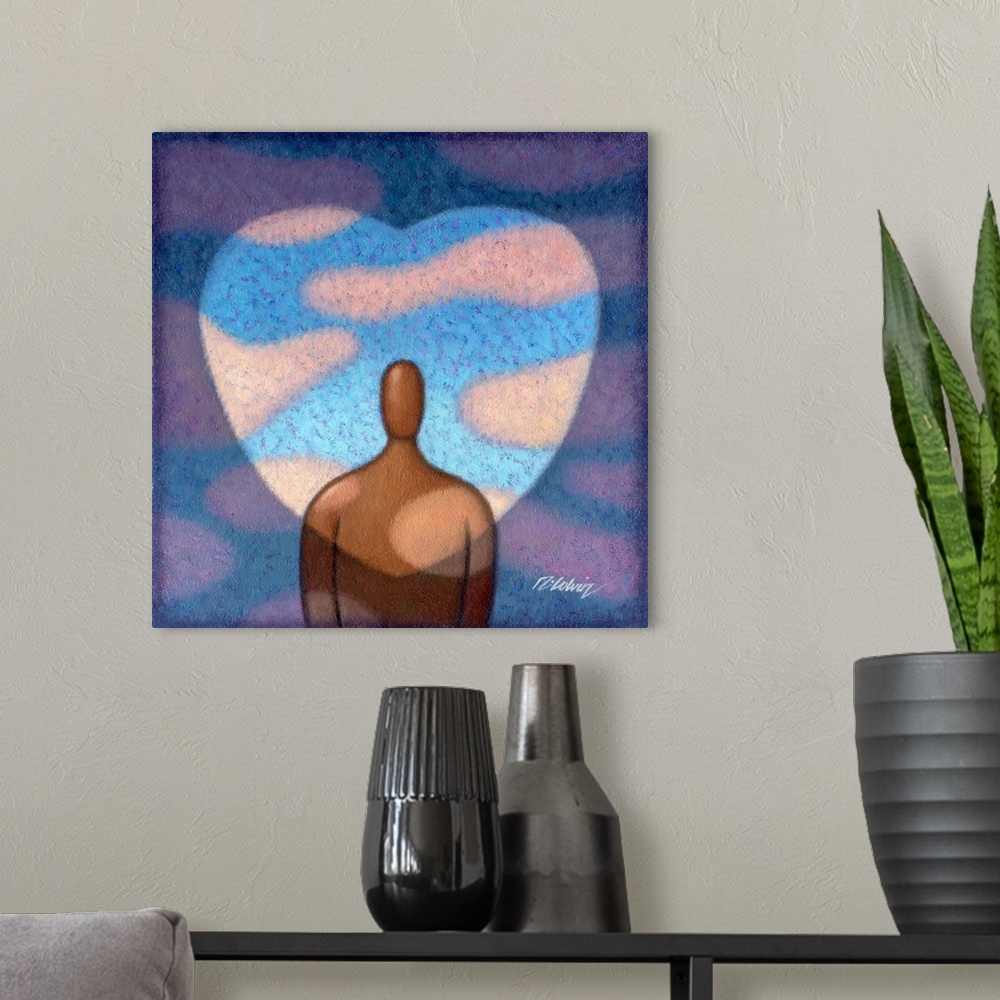 A modern room featuring Contemporary painting of a human figure surrounded by a heart shaped blue sky.